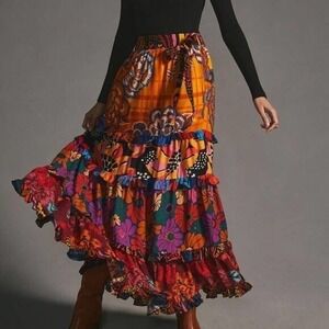 Farm Rio Anthropologie Tiered Wrap Maxi Skirt XXS NWT